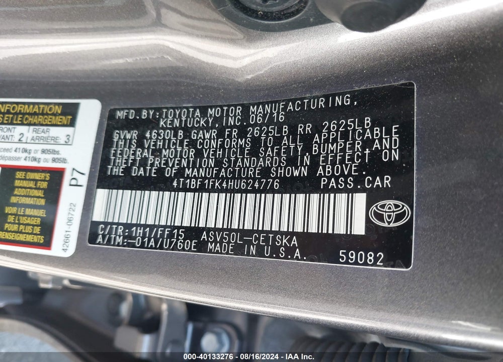 2017 TOYOTA CAMRY SE VIN: 4T1BF1FK4HU624776