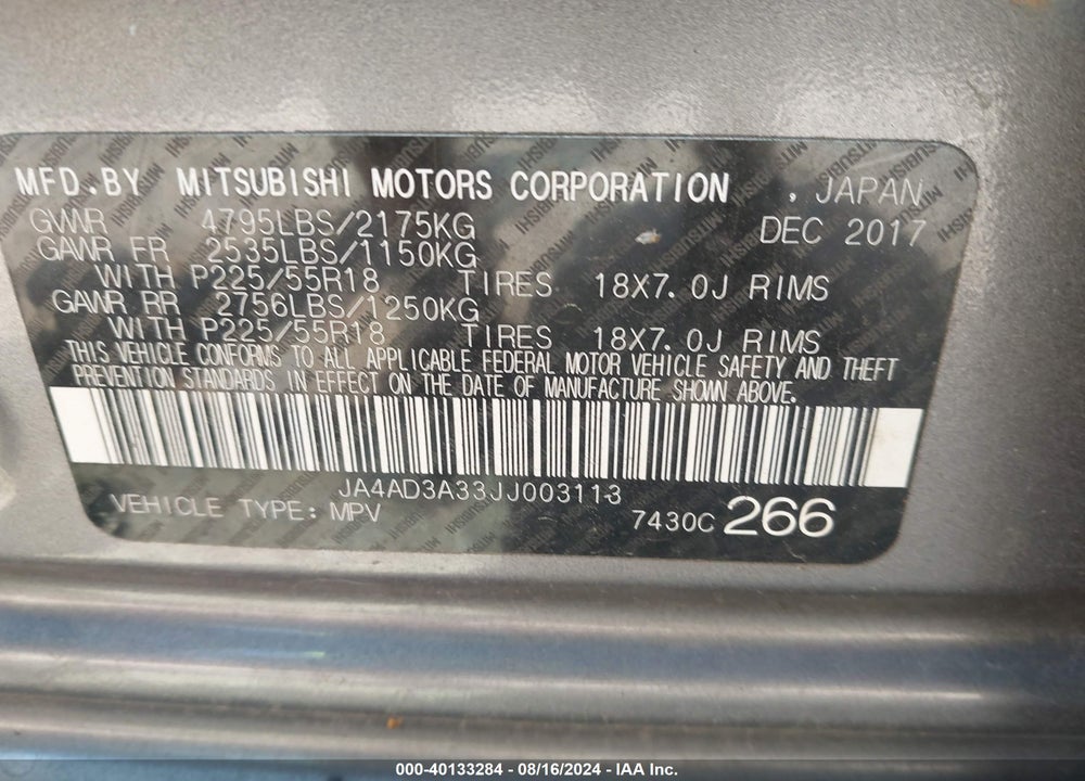 2018 MITSUBISHI OUTLANDER SE VIN: JA4AD3A33JJ003113