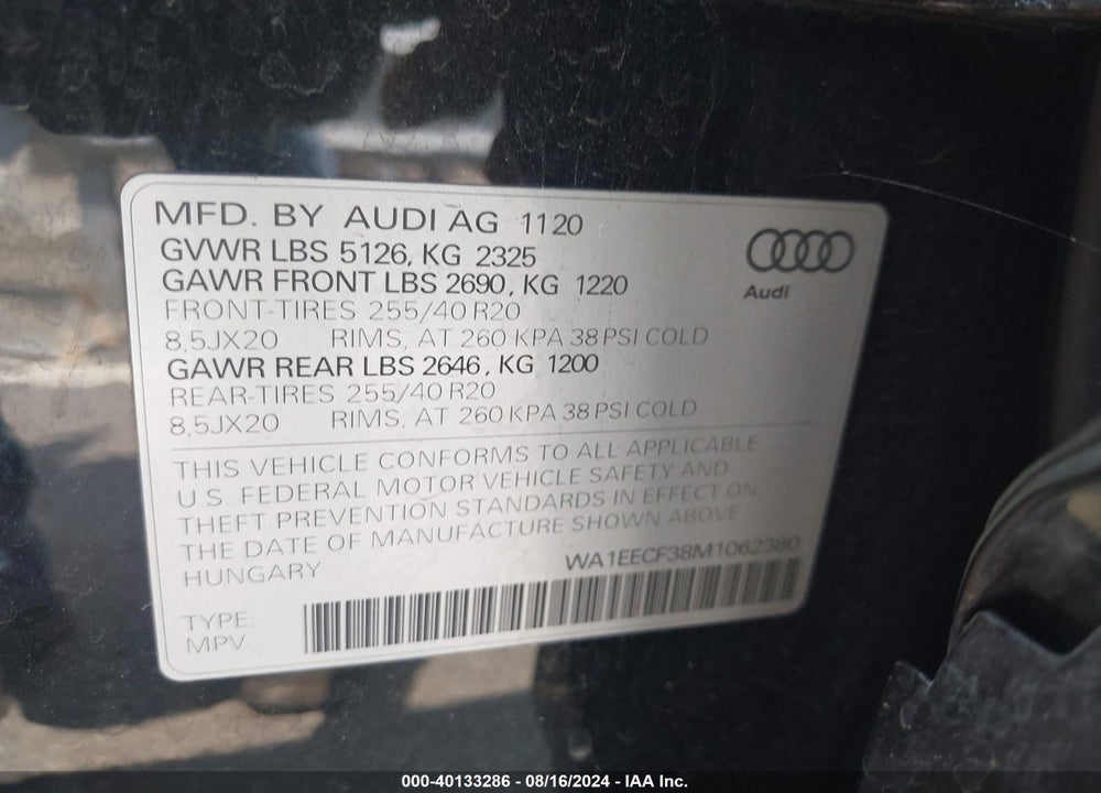 2021 AUDI Q3 PREMIUM PLUS 45 TFSI S LINE QUATTRO TIPTRONIC VIN: WA1EECF38M1062380