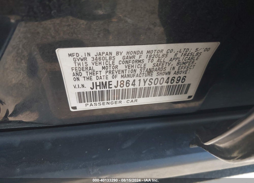 2000 HONDA CIVIC EX VIN: JHMEJ8641YS004696