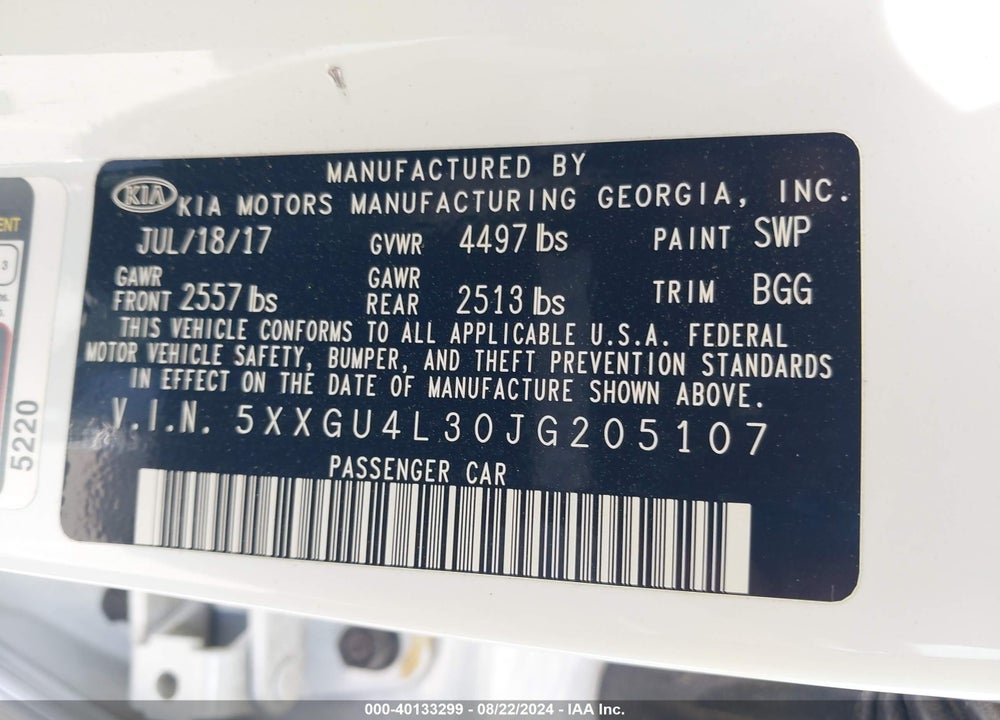 2018 KIA OPTIMA EX VIN: 5XXGU4L30JG205107