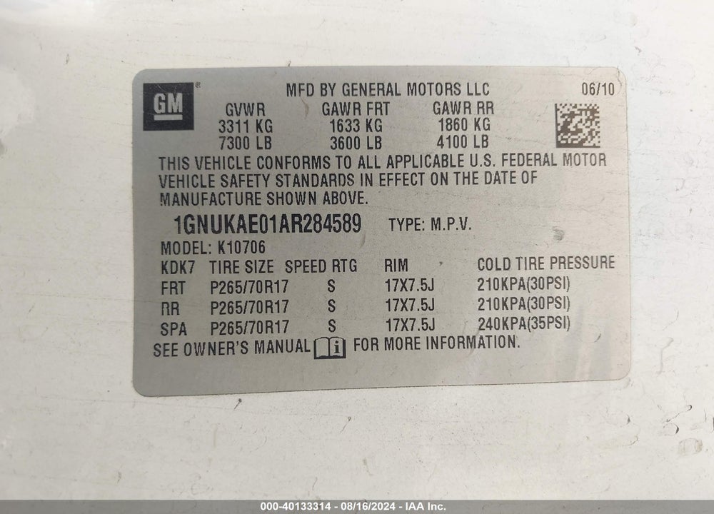 2010 CHEVROLET TAHOE COMMERCIAL FLEET VIN: 1GNUKAE01AR284589