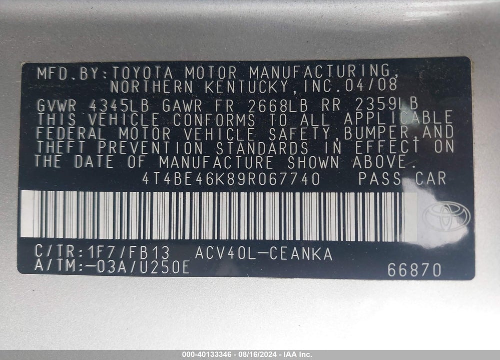 2009 TOYOTA CAMRY VIN: 4T4BE46K89R067740