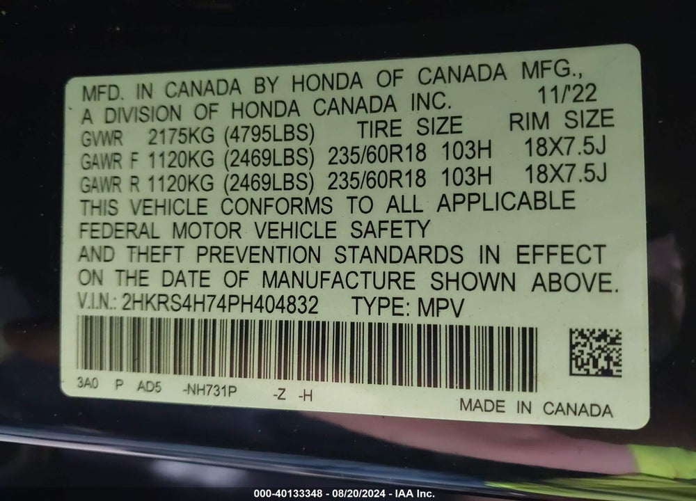 2023 HONDA CR-V VIN: 2HKRS4H74PH404832