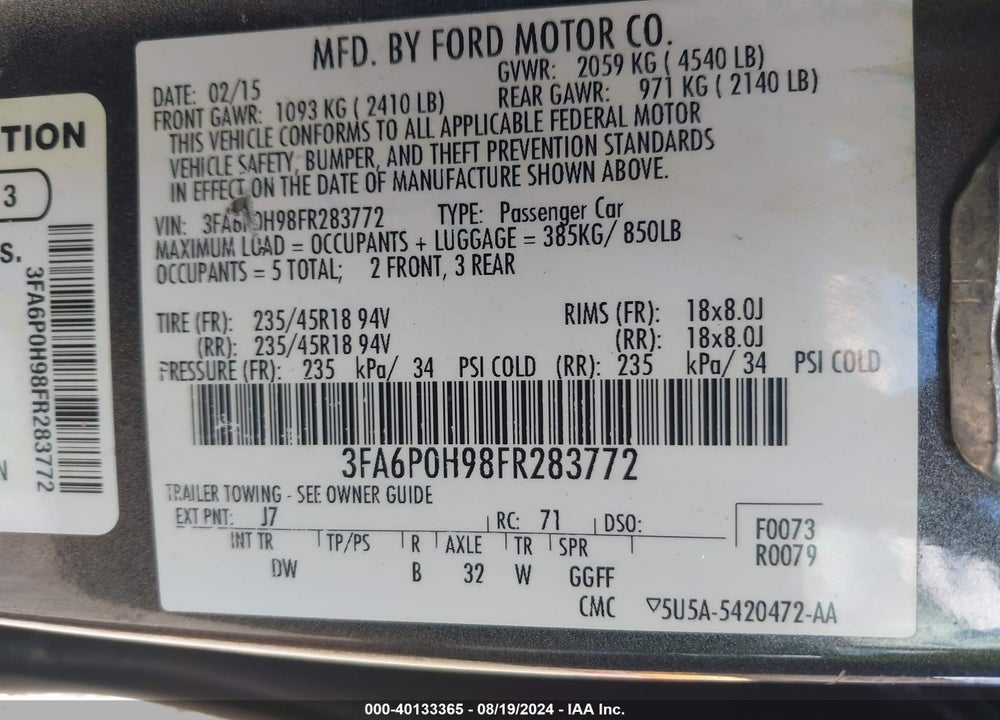 2015 FORD FUSION VIN: 3FA6P0H98FR283772