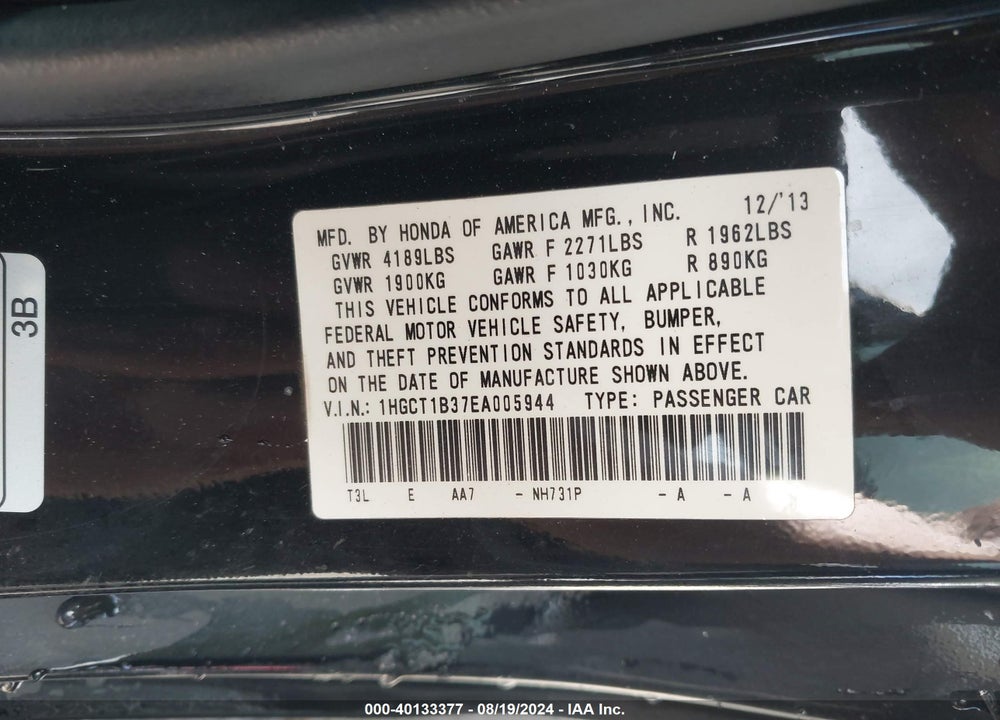 2014 HONDA ACCORD LX-S VIN: 1HGCT1B37EA005944