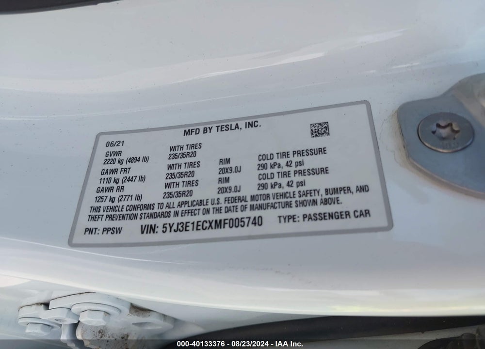 2021 TESLA MODEL 3 PERFORMANCE DUAL MOTOR ALL-WHEEL DRIVE VIN: 5YJ3E1ECXMF005740