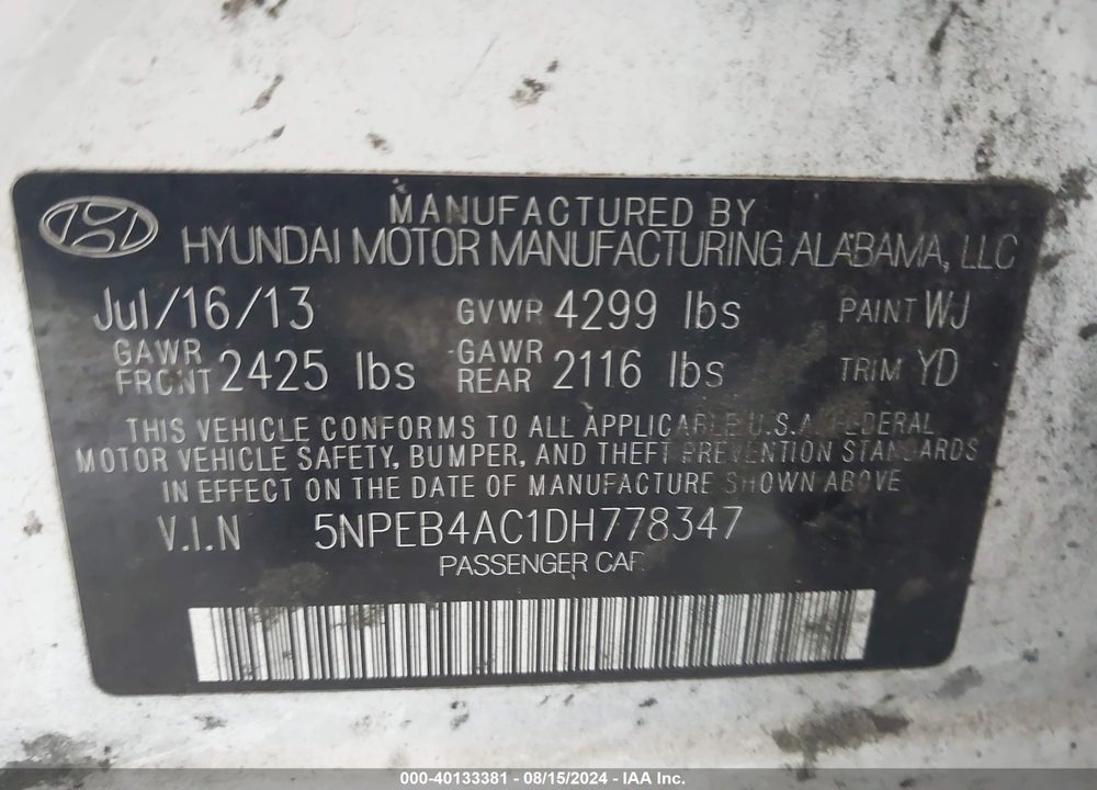 2013 HYUNDAI SONATA GLS VIN: 5NPEB4AC1DH778347