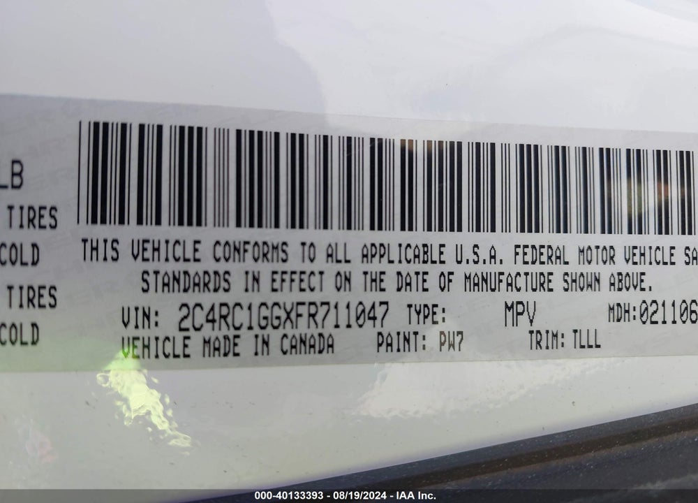2015 CHRYSLER TOWN & COUNTRY LIMITED PLATINUM VIN: 2C4RC1GGXFR711047