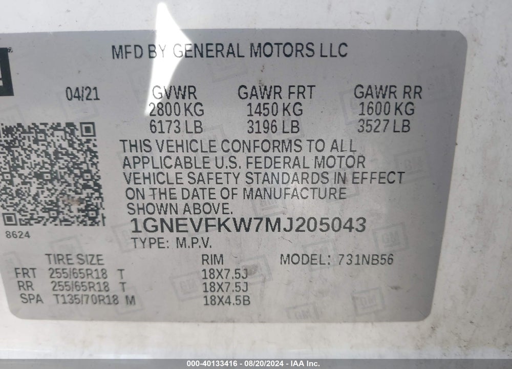 2021 CHEVROLET TRAVERSE AWD LS VIN: 1GNEVFKW7MJ205043