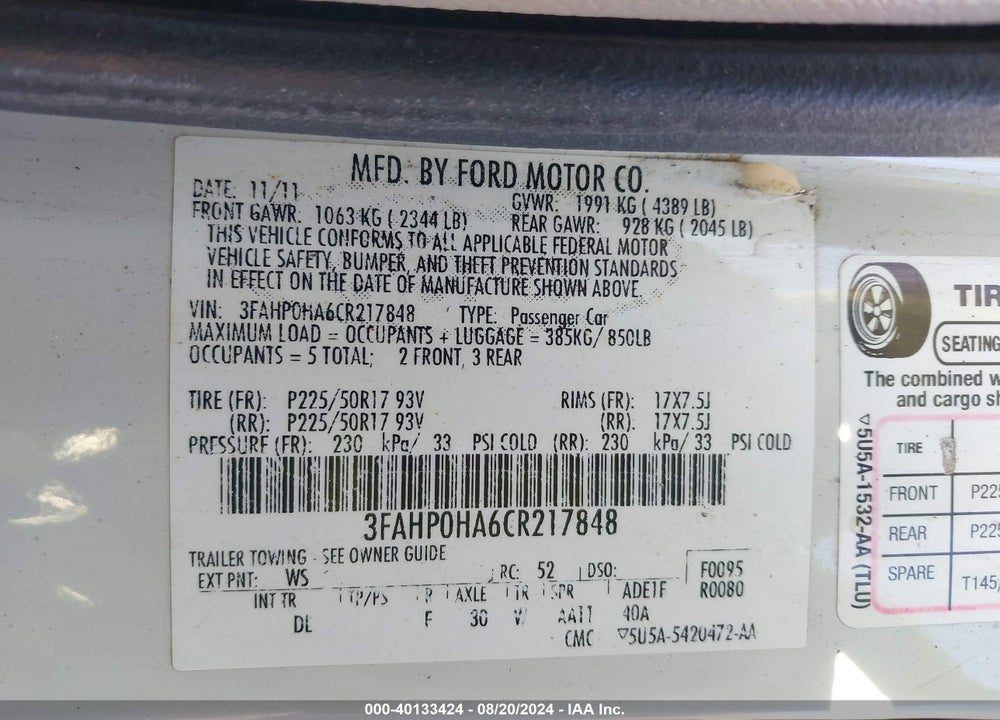 2012 FORD FUSION SE VIN: 3FAHP0HA6CR217848