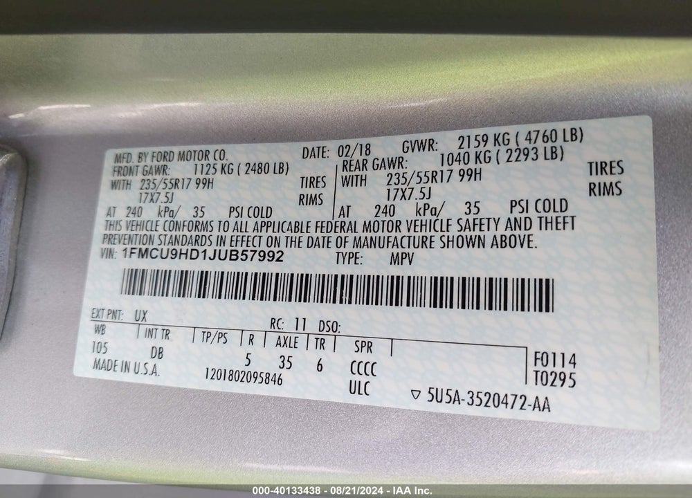 2018 FORD ESCAPE SEL VIN: 1FMCU9HD1JUB57992