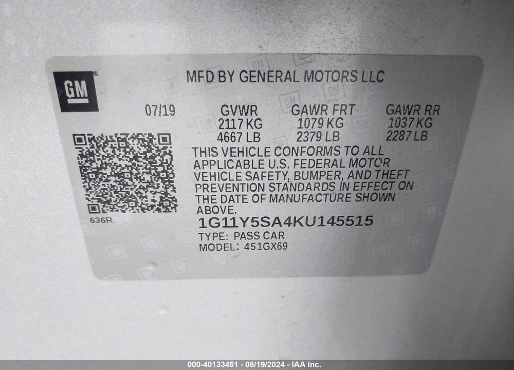 2019 CHEVROLET IMPALA LS VIN: 1G11Y5SA4KU145515