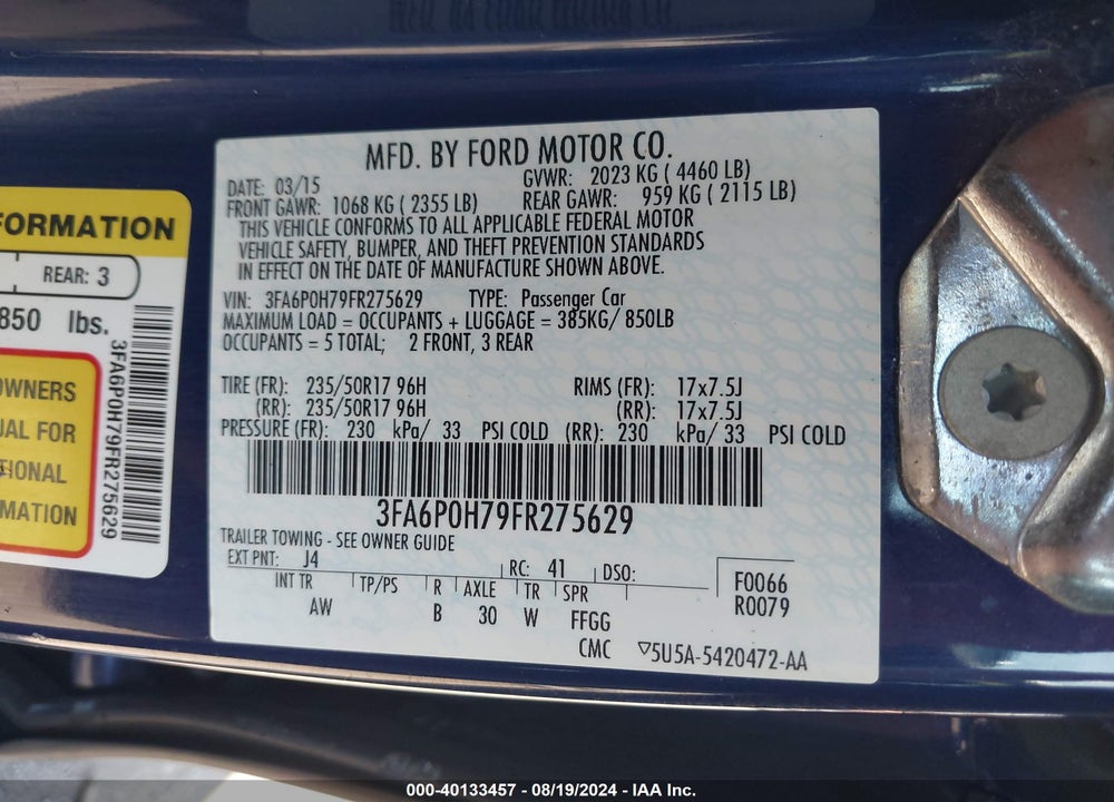 2015 FORD FUSION SE VIN: 3FA6P0H79FR275629