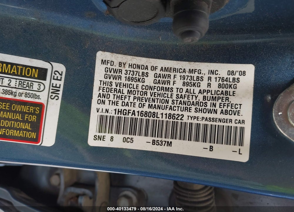 2008 HONDA CIVIC EX VIN: 1HGFA16808L118622