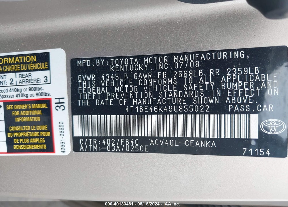 2009 TOYOTA CAMRY SE/LE/XLE VIN: 4T1BE46K49U855022