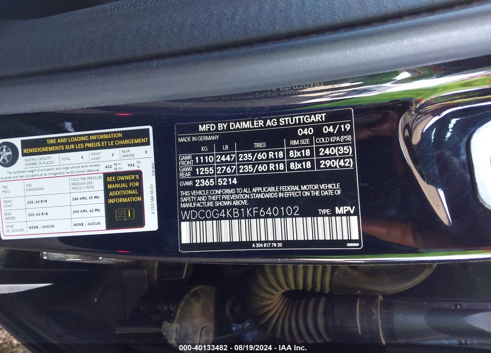2019 MERCEDES-BENZ GLC 300 4MATIC VIN: WDC0G4KB1KF640102