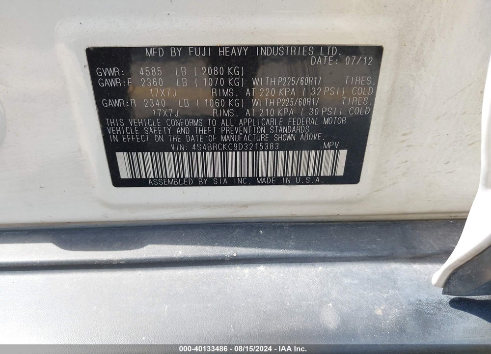 2013 SUBARU OUTBACK 2.5I LIMITED VIN: 4S4BRCKC9D3215383
