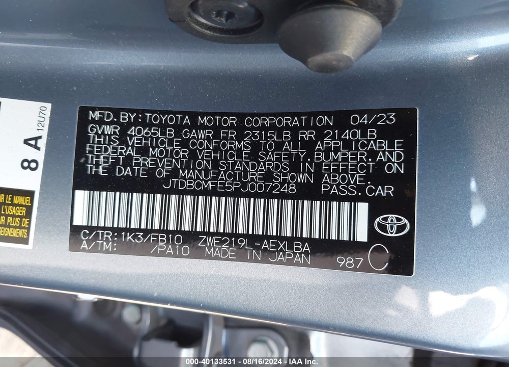 2023 TOYOTA COROLLA HYBRID LE VIN: JTDBCMFE5PJ007248