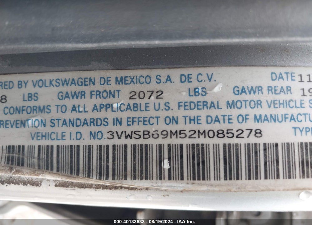 2002 VOLKSWAGEN JETTA GLS VIN: 3VWSB69M52M085278