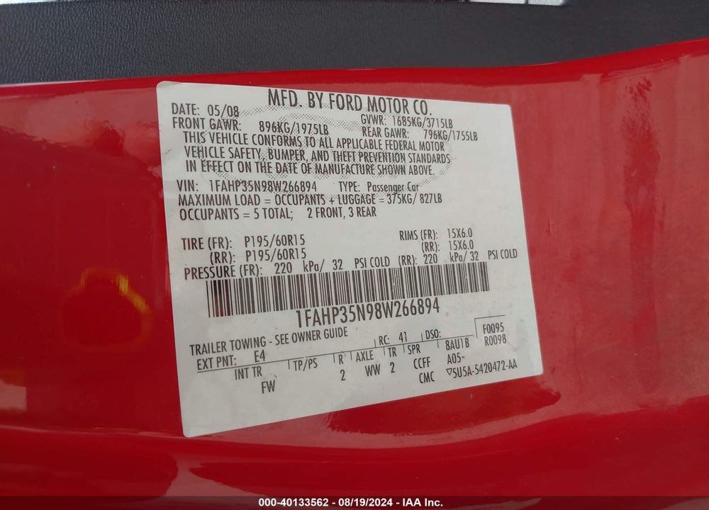 2008 FORD FOCUS SE/SES VIN: 1FAHP35N98W266894