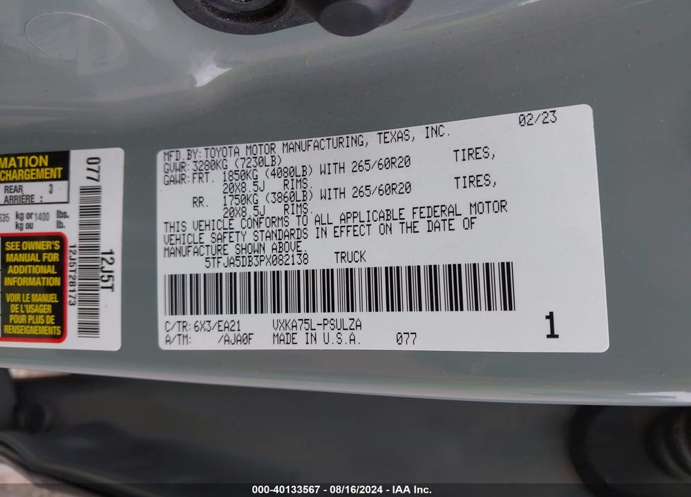 2023 TOYOTA TUNDRA VIN: 5TFJA5DB3PX082138