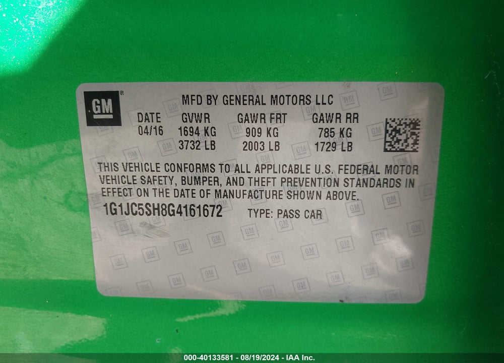 2016 CHEVROLET SONIC LT AUTO VIN: 1G1JC5SH8G4161672
