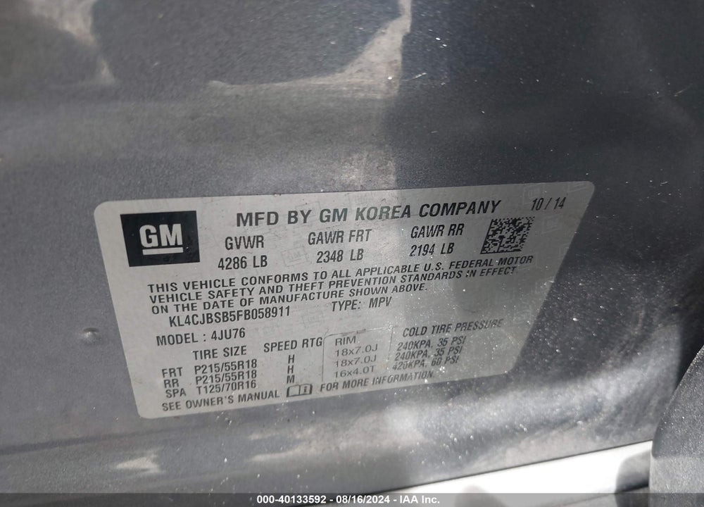 2015 BUICK ENCORE CONVENIENCE VIN: KL4CJBSB5FB058911