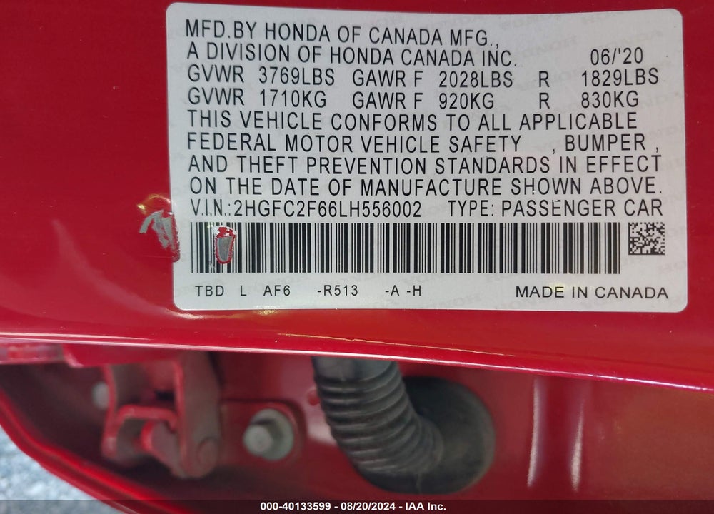 2020 HONDA CIVIC LX VIN: 2HGFC2F66LH556002