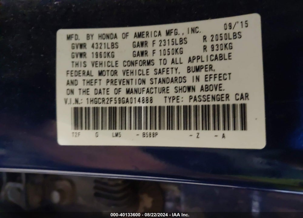 2016 HONDA ACCORD SPORT VIN: 1HGCR2F59GA014888