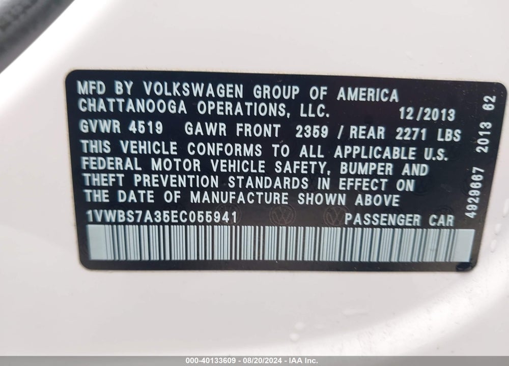 2014 VOLKSWAGEN PASSAT VIN: 1VWBS7A35EC055941