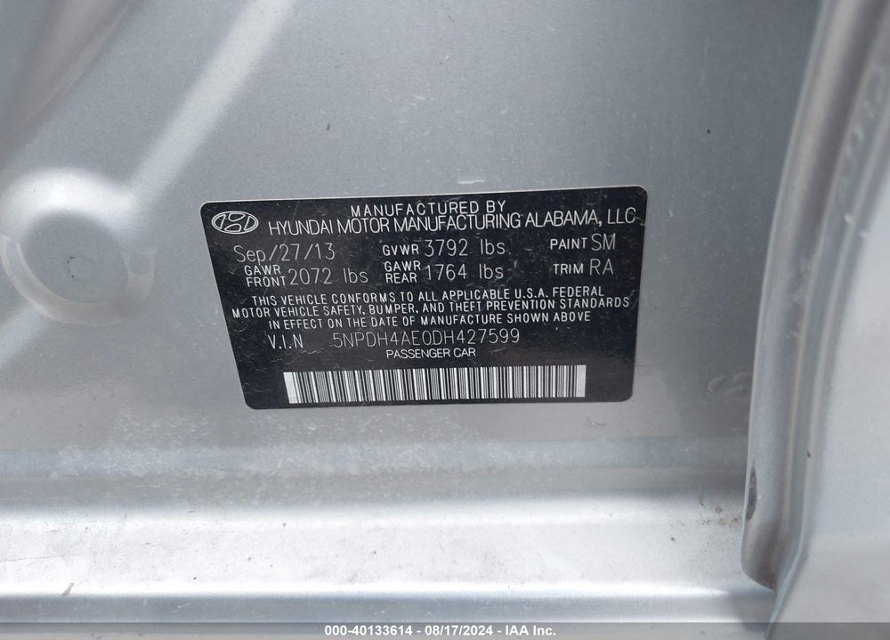 2013 HYUNDAI ELANTRA GLS VIN: 5NPDH4AE0DH427599