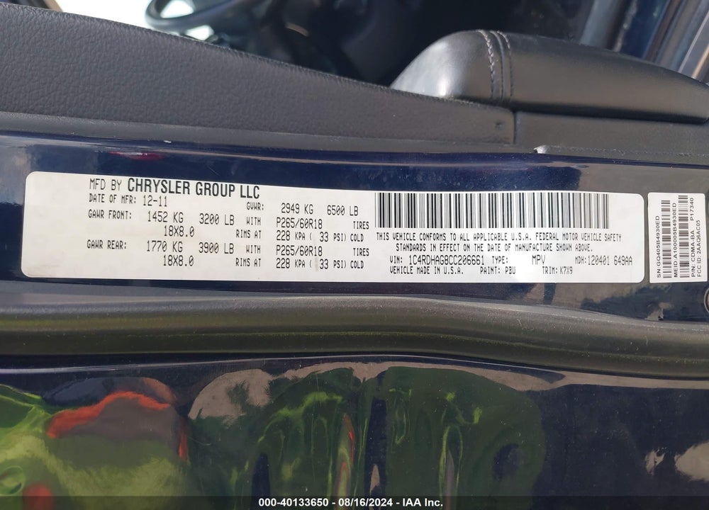 2012 DODGE DURANGO SXT VIN: 1C4RDHAG8CC206661