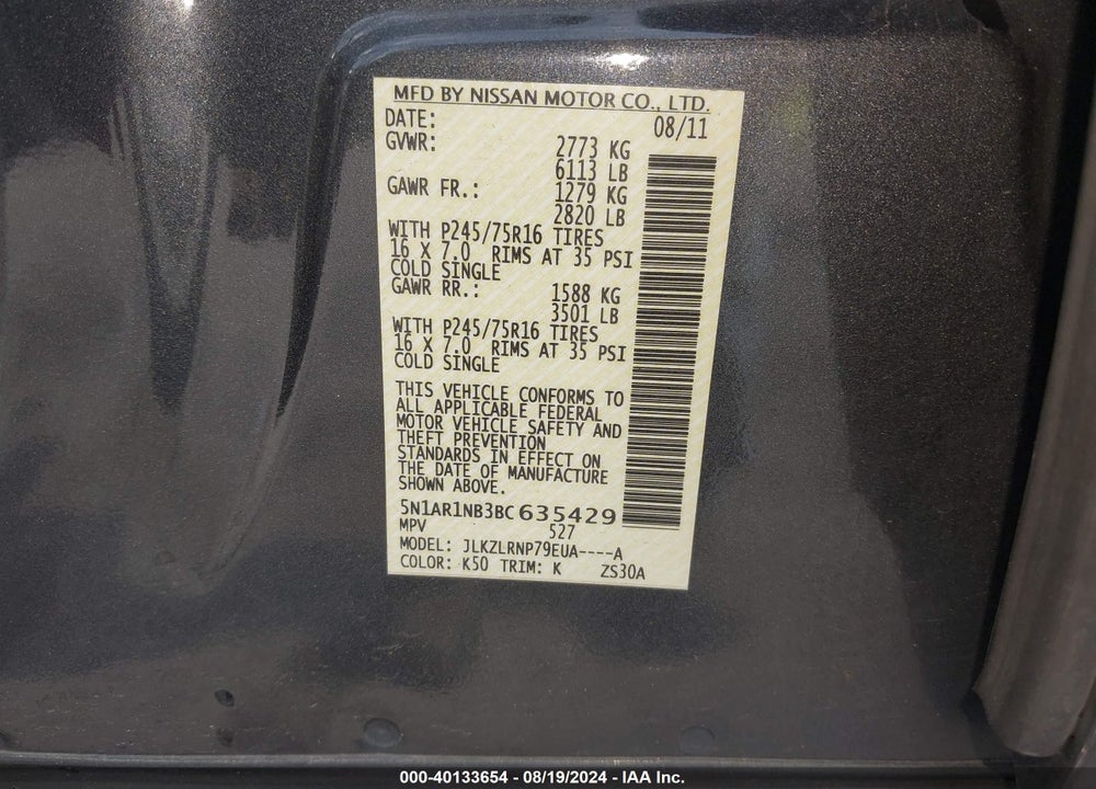 2011 NISSAN PATHFINDER S VIN: 5N1AR1NB3BC635429