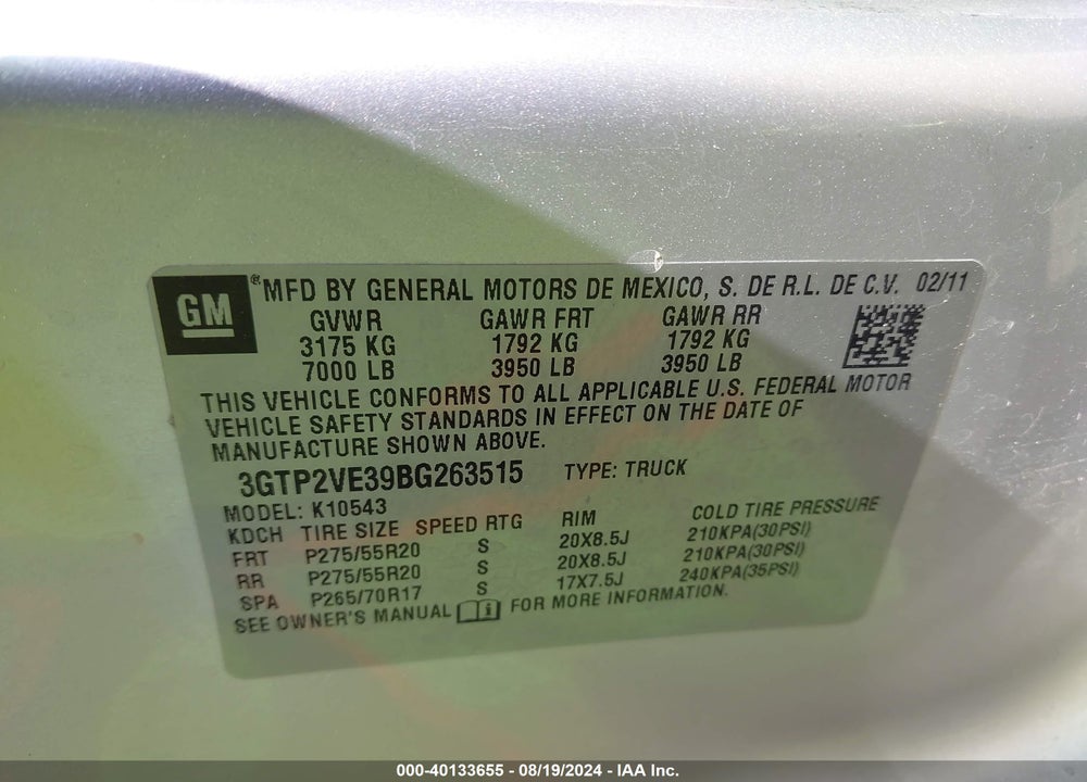 2011 GMC SIERRA 1500 SLE VIN: 3GTP2VE39BG263515