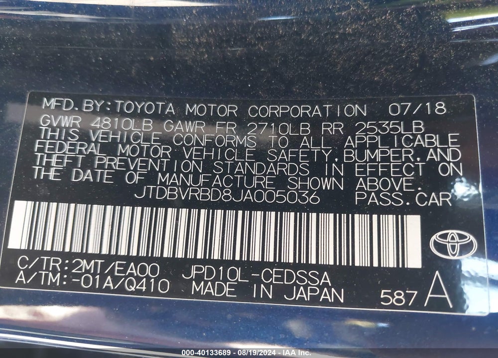 2018 TOYOTA MIRAI VIN: JTDBVRBD8JA005036