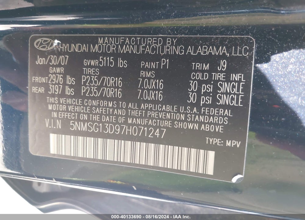 2007 HYUNDAI SANTA FE GLS VIN: 5NMSG13D97H071247
