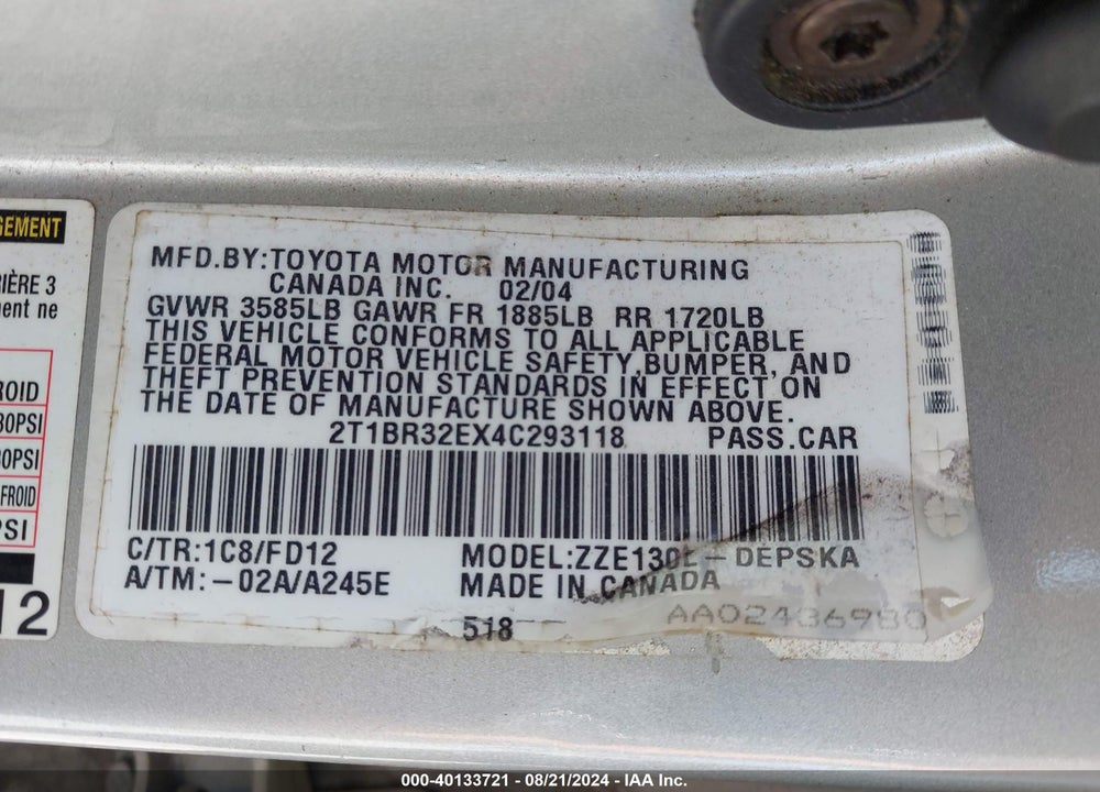 2004 TOYOTA COROLLA S VIN: 2T1BR32EX4C293118