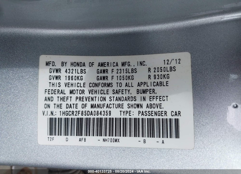 2013 HONDA ACCORD VIN: 1HGCR2F85DA084359