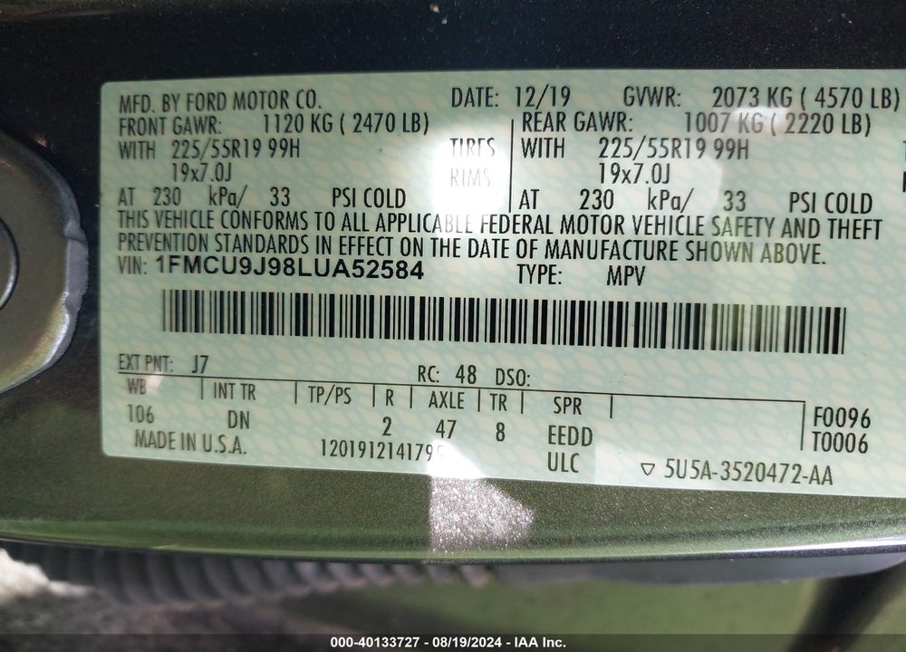 2020 FORD ESCAPE TITANIUM VIN: 1FMCU9J98LUA52584