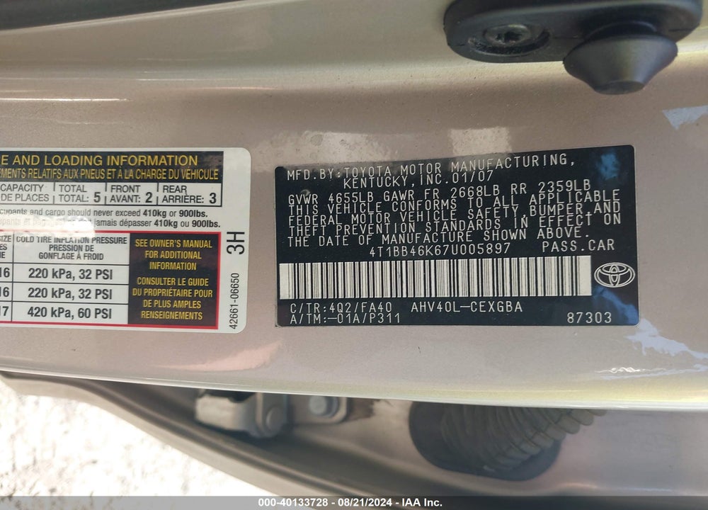 2007 TOYOTA CAMRY HYBRID VIN: 4T1BB46K67U005897