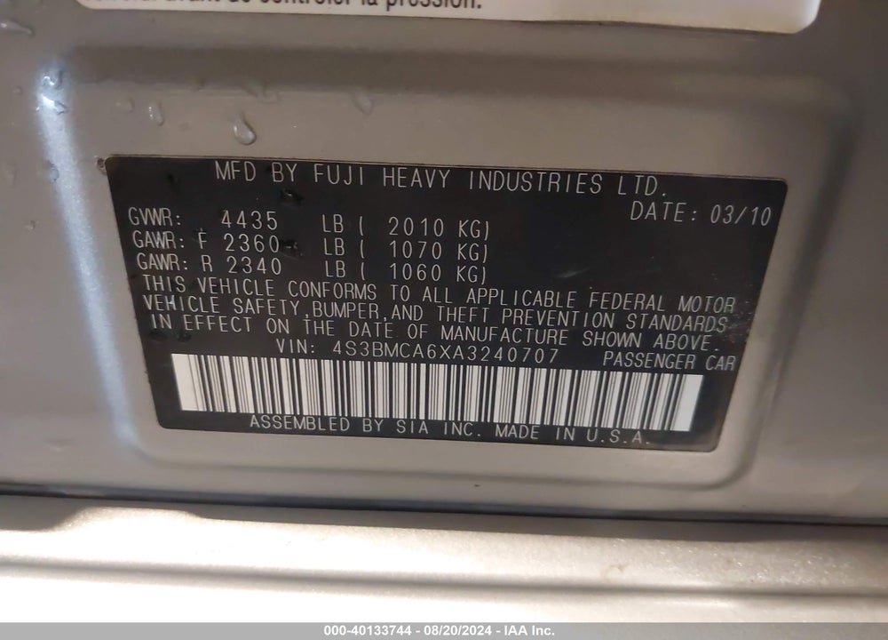 2010 SUBARU LEGACY 2.5I VIN: 4S3BMCA6XA3240707