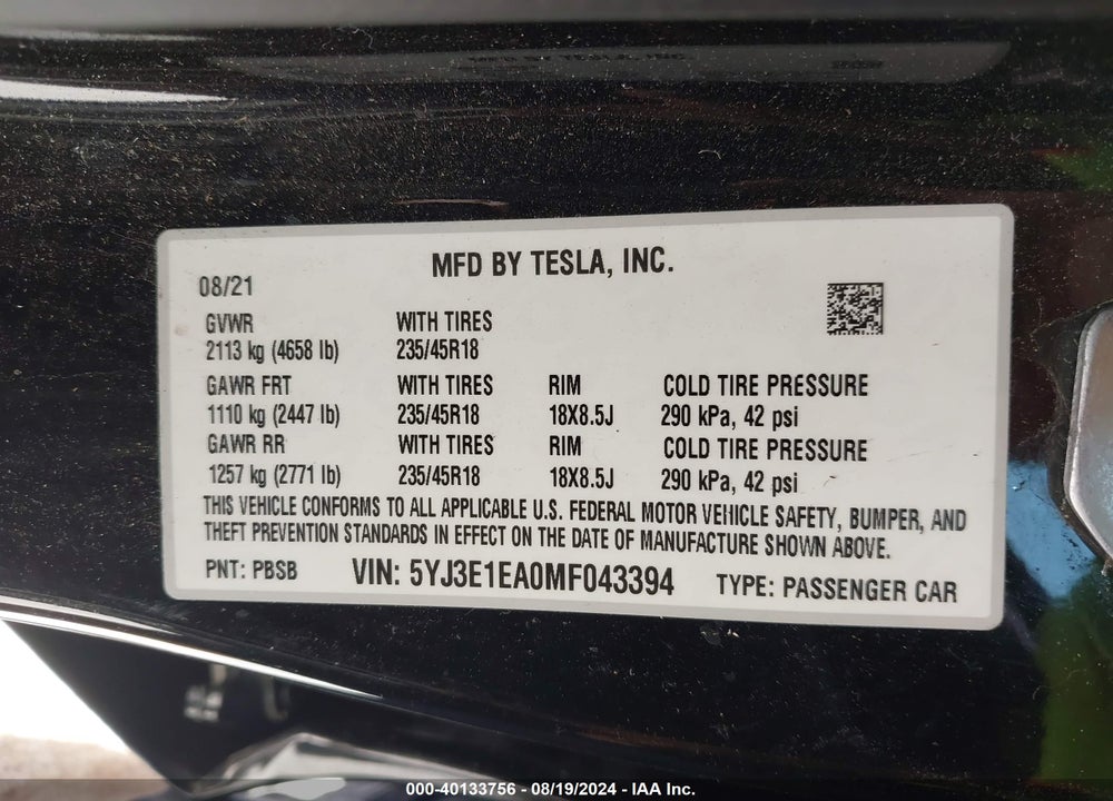 2021 TESLA MODEL 3 STANDARD RANGE PLUS REAR-WHEEL DRIVE VIN: 5YJ3E1EA0MF043394
