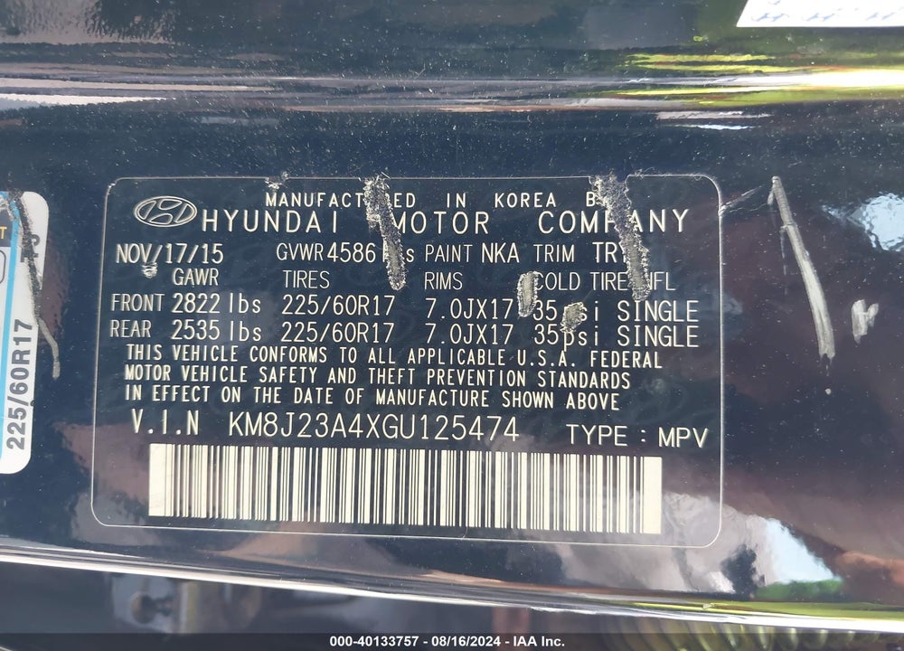 2016 HYUNDAI TUCSON SE VIN: KM8J23A4XGU125474