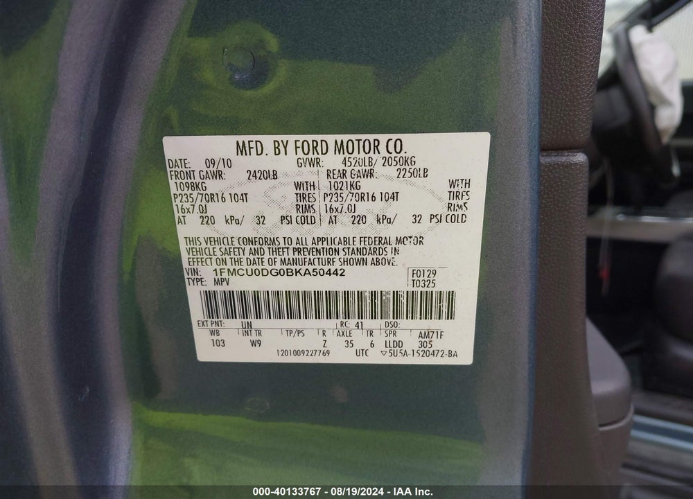 2011 FORD ESCAPE XLT VIN: 1FMCU0DG0BKA50442