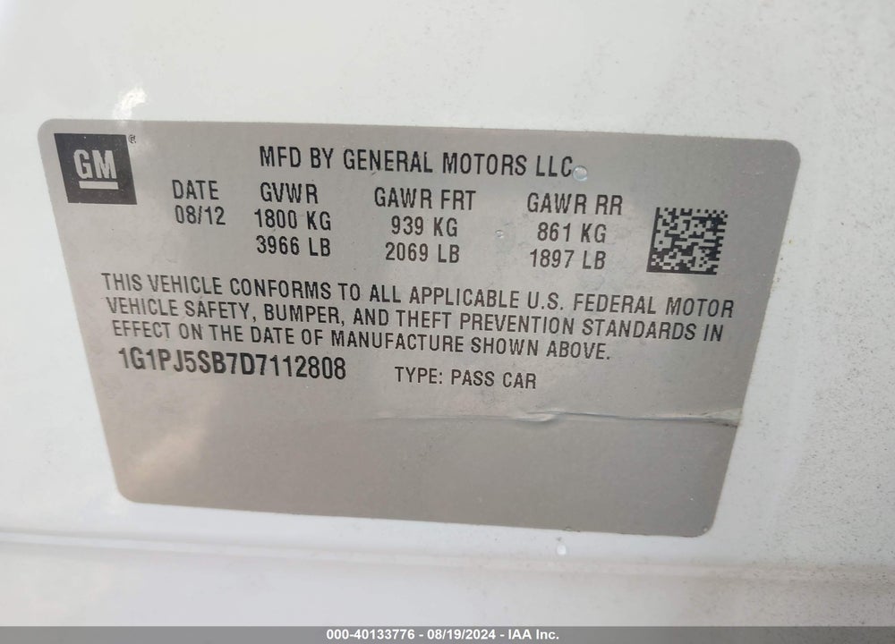 2013 CHEVROLET CRUZE ECO MANUAL VIN: 1G1PJ5SB7D7112808