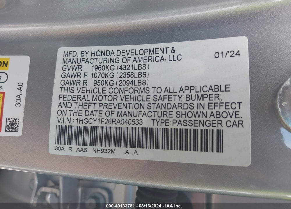 2024 HONDA ACCORD LX VIN: 1HGCY1F26RA040533