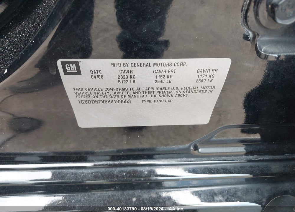 2008 CADILLAC STS V6 VIN: 1G6DD67V580199653