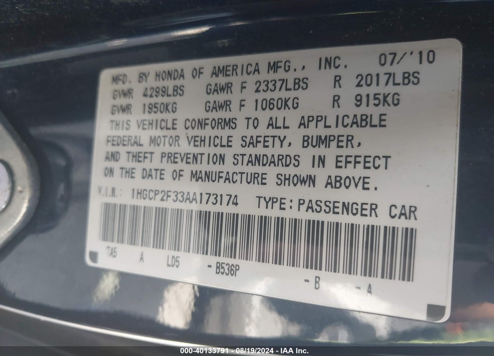 2010 HONDA ACCORD 2.4 LX VIN: 1HGCP2F33AA173174