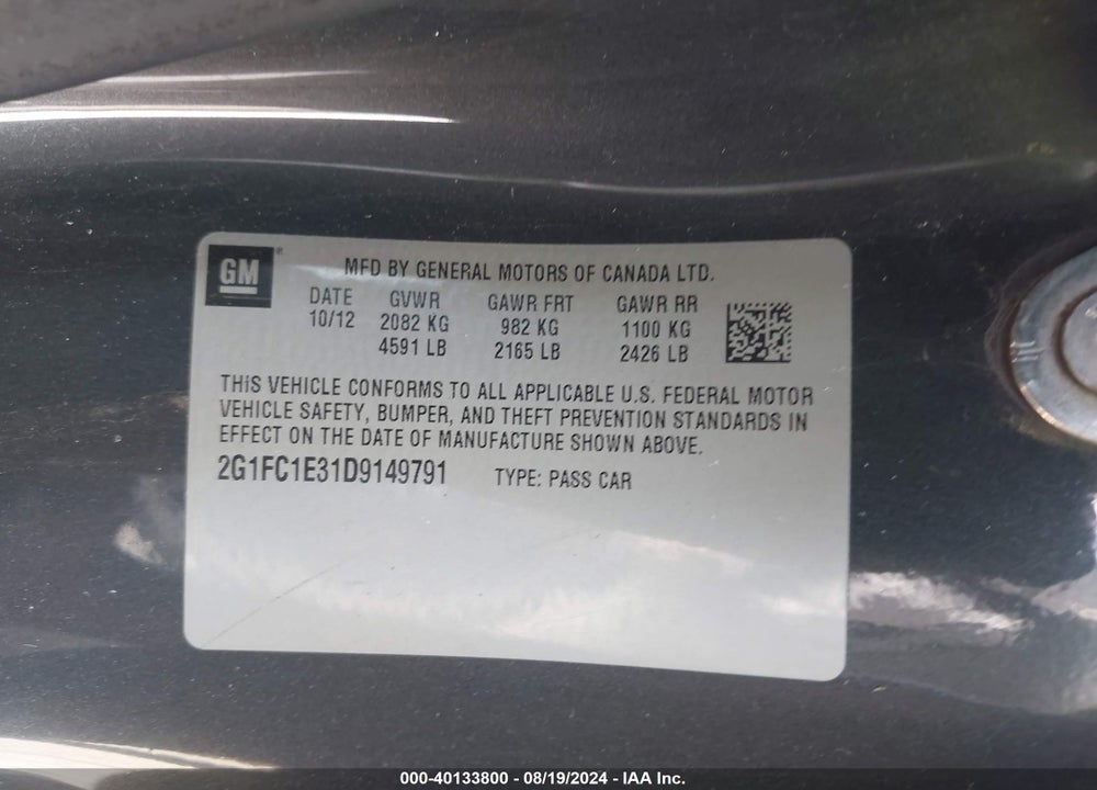 2013 CHEVROLET CAMARO 2LT VIN: 2G1FC1E31D9149791